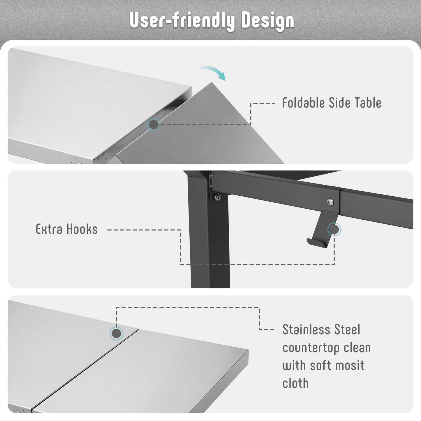 Feasto Movable Grill Table with Folding Side Table, Pizza Oven Table as BBQ Food Prep Cart with Undershelf for Outdoor & Indoor Use, 43" L x 20" W Stainless Steel Tabletop, Grey