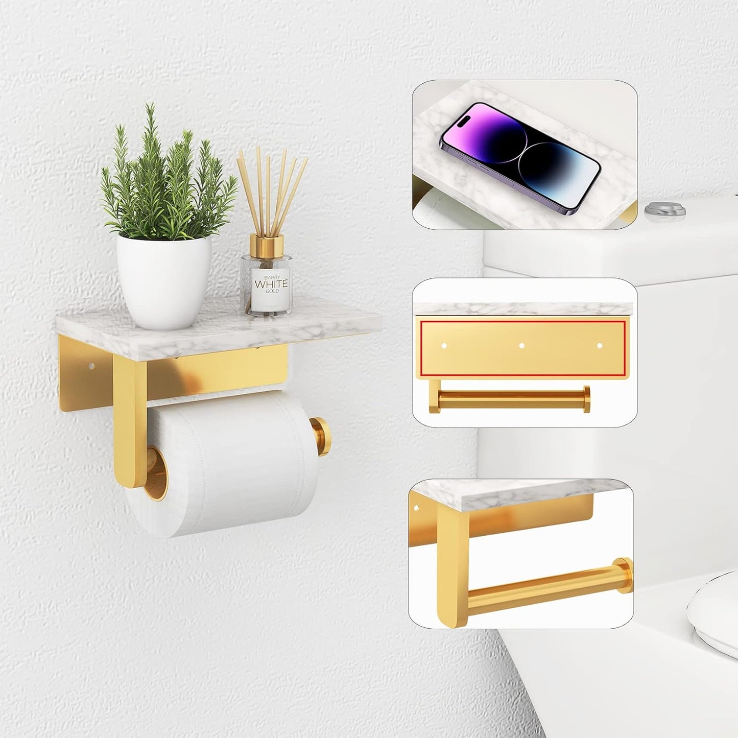 Brushed Gold Toilet Paper Holder with Natural Marble Shelf, 304 Stainless Steel Screw Wall Mounted, Tissue Roll Paper Holder Dispenser for Bathroom Washroom