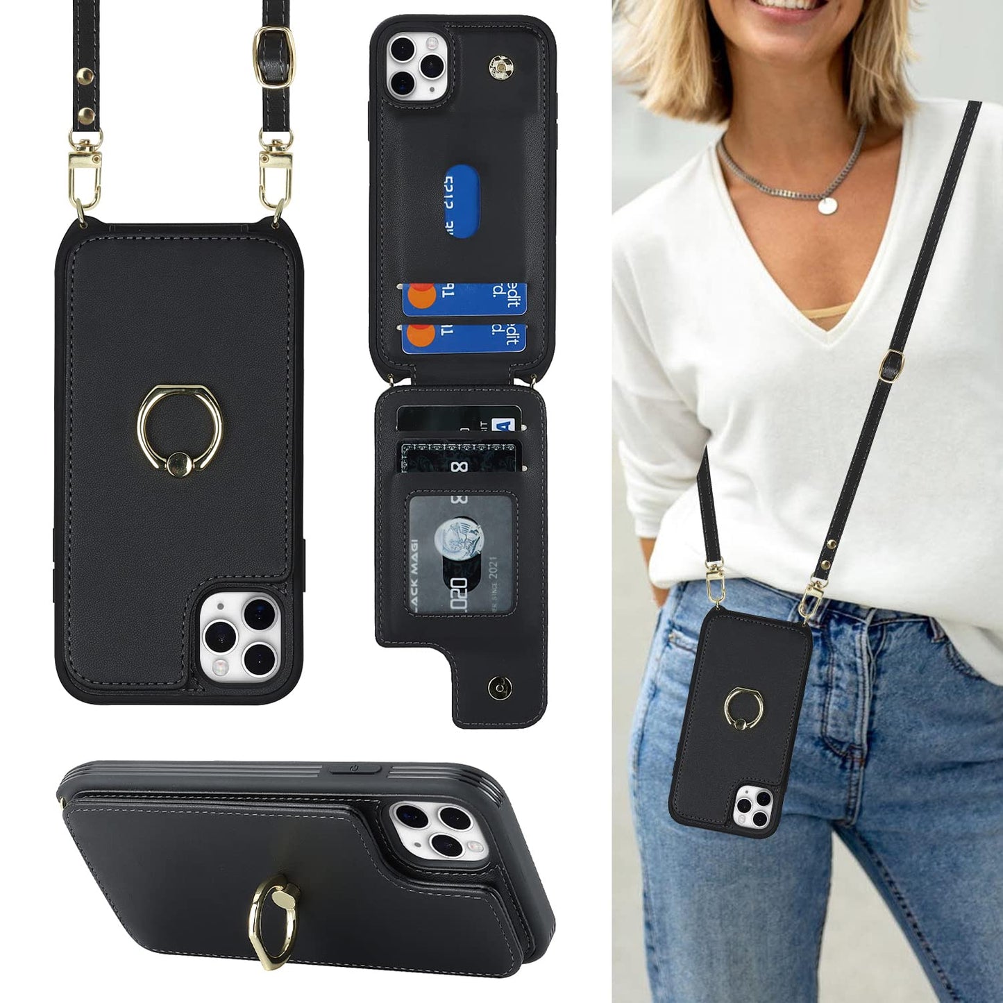 Lipvina For Iphone 11 Pro Phone Case With Card Holder And Strap For Women,Crossbody Lanyard,Kickstand Ring Stand,Snap Clasp,Phon