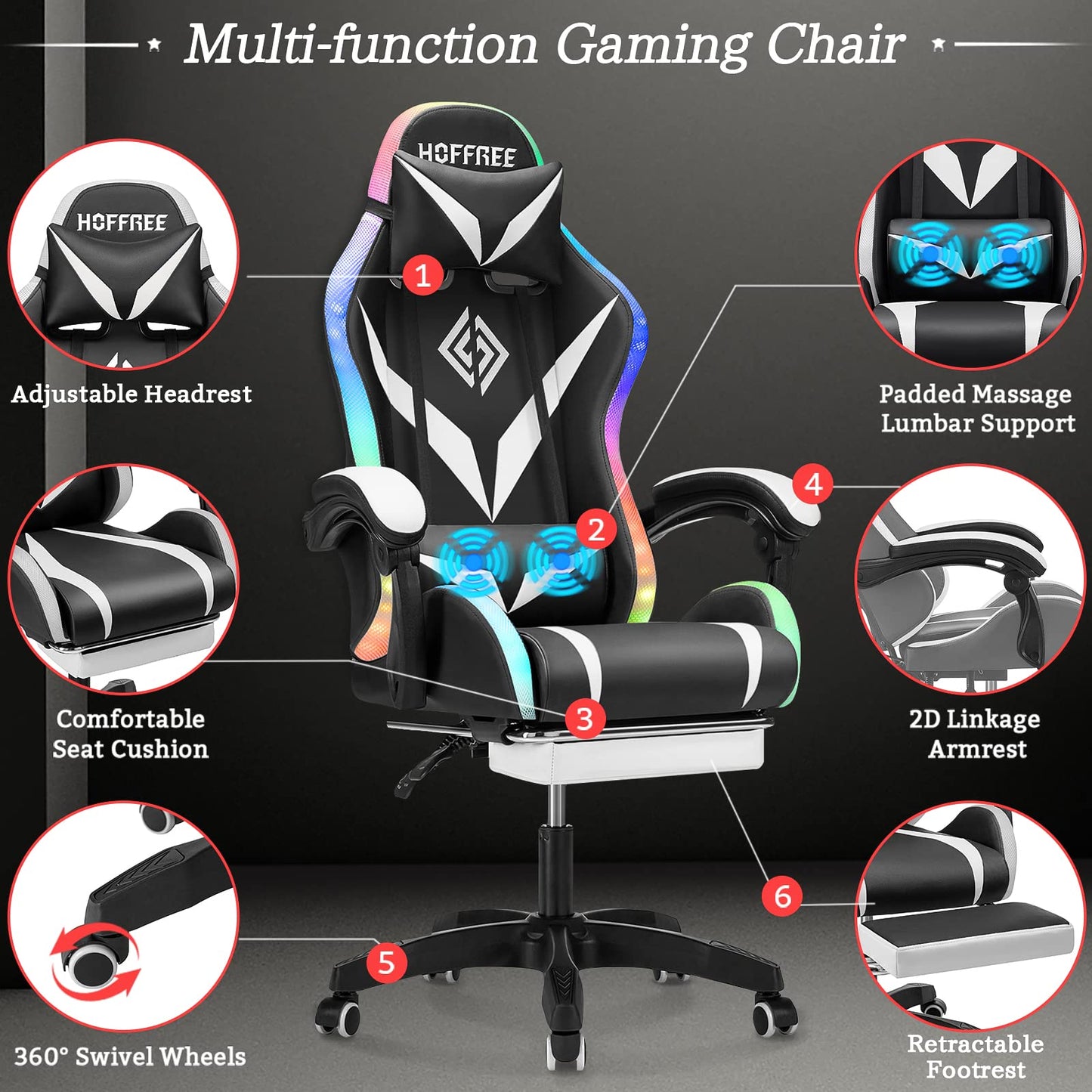 RGB Gaming Chair with Massage and LED Lights Ergonomic Computer Chair with Footrest Reclining High Back Video Game Chair for Adults with Adjustable Lumbar Support White and Black