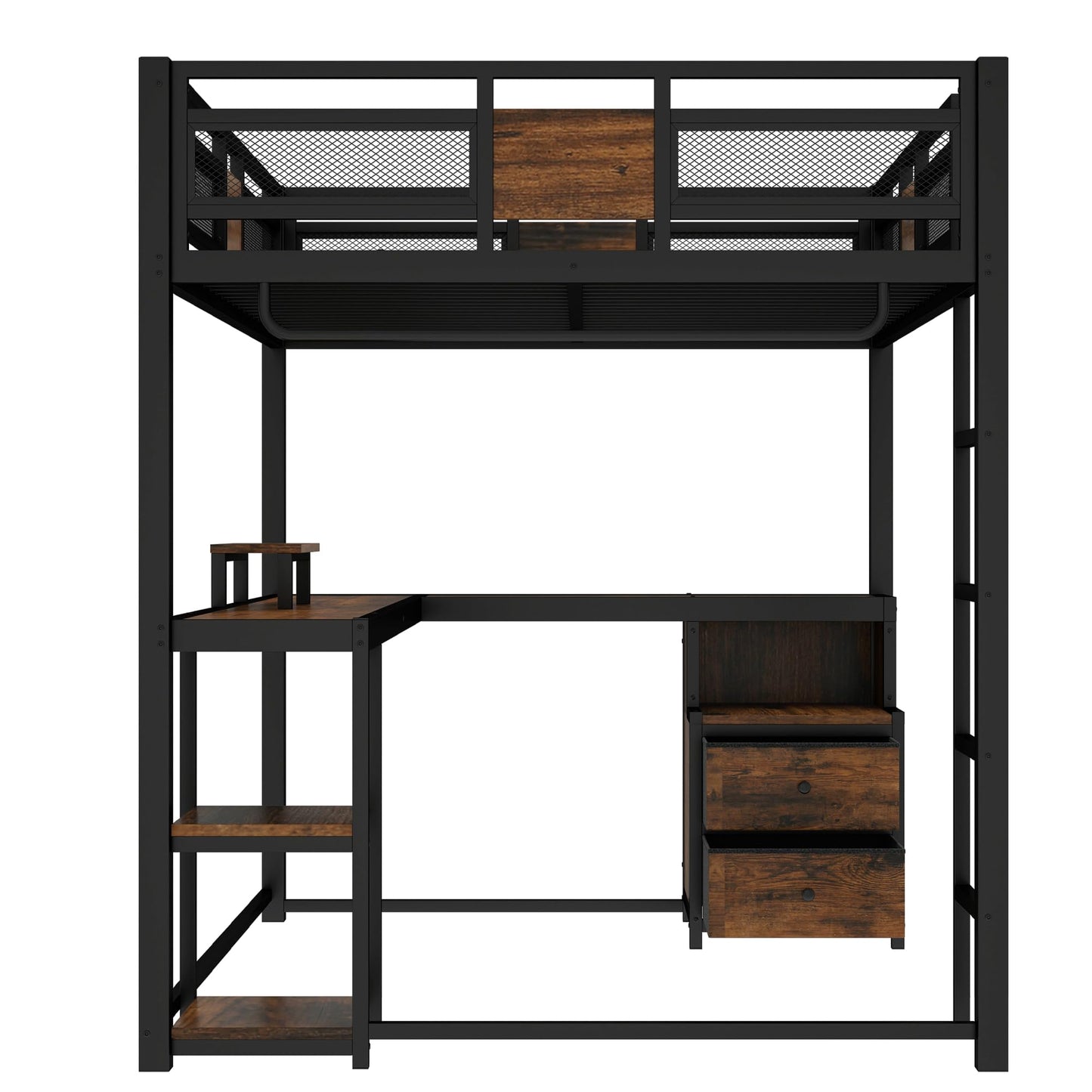 Bellemave Queen Loft Bed with Desk and Fabric Drawer, Metal Queen Size Loft Bed Frame with guardrail and Ladder for Adults, Kids, Teens, Black