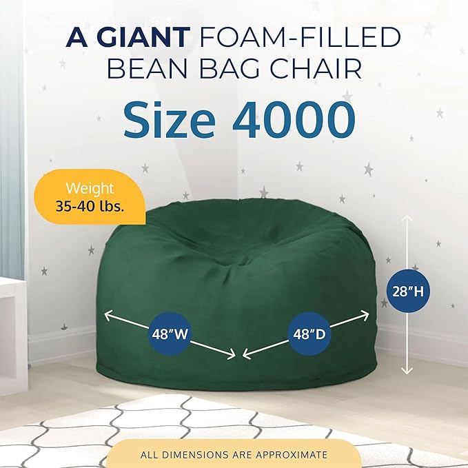 Ultimate Sack 4000 4-Foot Bean Bag Chair, Hunter Suede Cover – Oversized Foam Lounger, Floor Seat, Small Sofa, or Couch Bed for Living Area, Gaming Room, or Reading Lounge