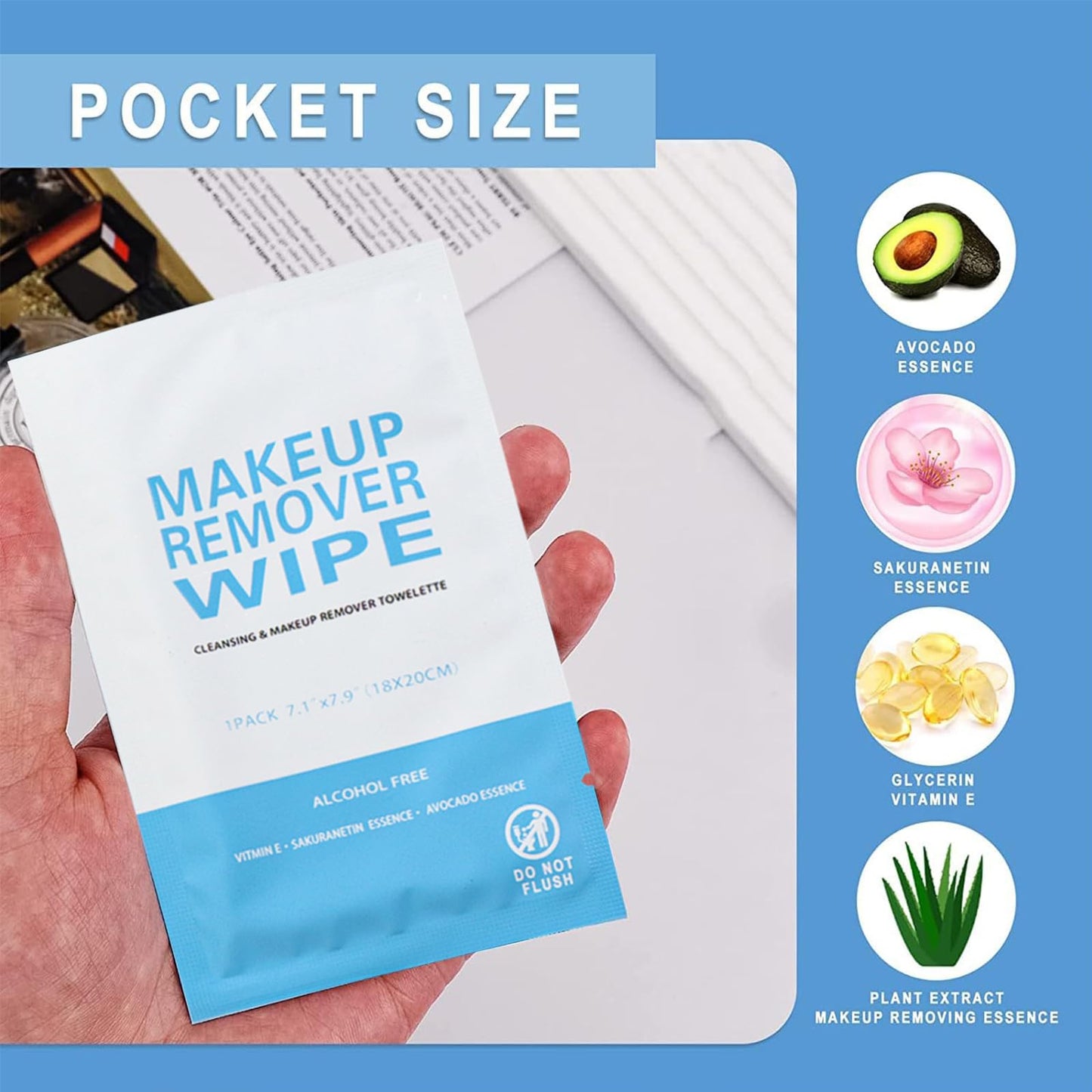 50 Pack Individual Makeup Remover Wipes, Individually Wrapped Face Cleansing Wipes, Travel Makeup Remover Cloth for Travel, Hote