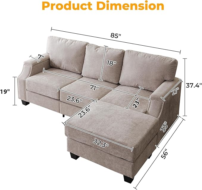Rukefo 85" Sectional Sofa Couch with Storage Ottoman,L Shaped Couch with Armrest Organizer,3-Seater Sofa,Small Modular Couches for Living Room,Bedroom,Apartment,Chenille,Khaki