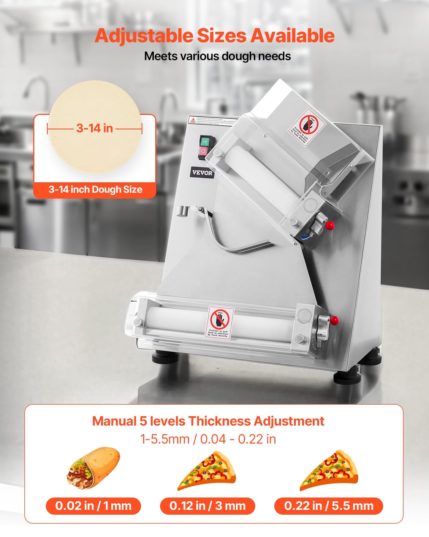 VEVOR Pizza Dough Roller Sheeter, 3-14 Inch Automatic Stainless Steel Pizza Press, Commercial Electric 370W Pasta Maker Machine, 260 pcs Per Hour, Adjustable Thickness, with Dough Press Lid