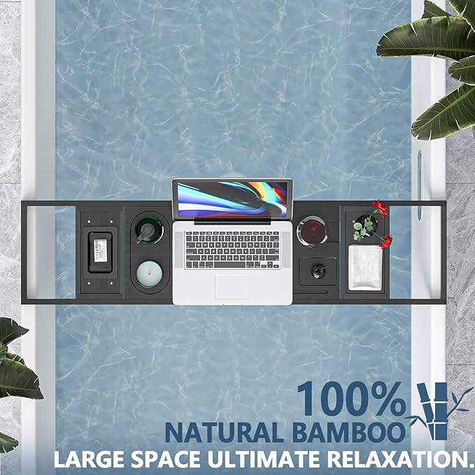 Yirilan Bathtub Tray, Expandable Bath Tray for Tub for Books, Tablets & Wine Glasses for Home Spa, Bathroom Accessories & Gifts