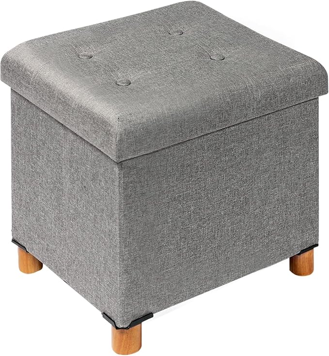 PINPLUS Storage Ottoman Cube, White Linen Footrest with Wooden Legs, Foldable Fabric Footrest, Comfortable Seat with Lid, Ottoman with Storage for Living Room, 15" x 15" x 15"，Grey