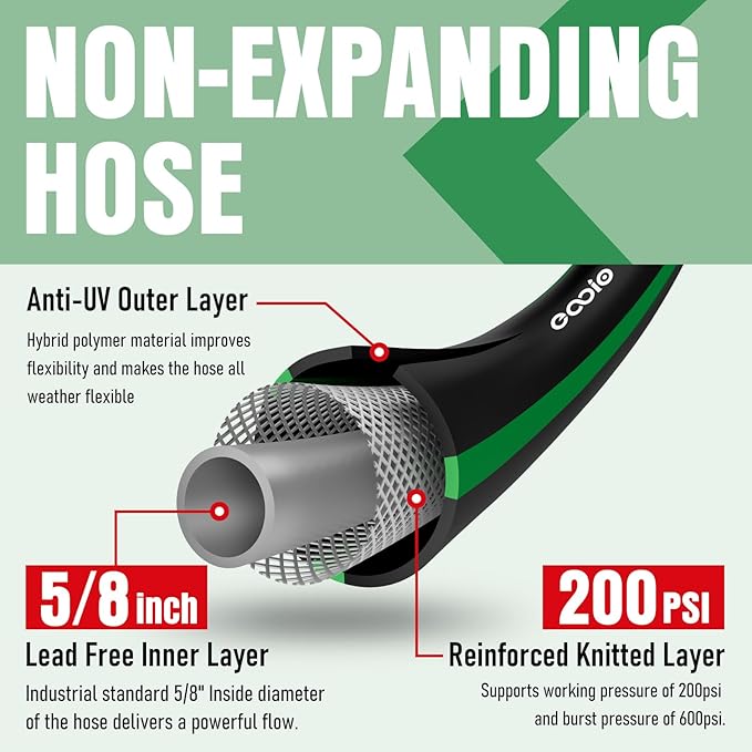 Heavy Duty Garden Hose 100ft with Nozzle, NON-EXPANDABLE Flexible Water Hose, Kink Resistant Lightweight Hybrid Hose, Leakproof Hose Male to Female Fittings