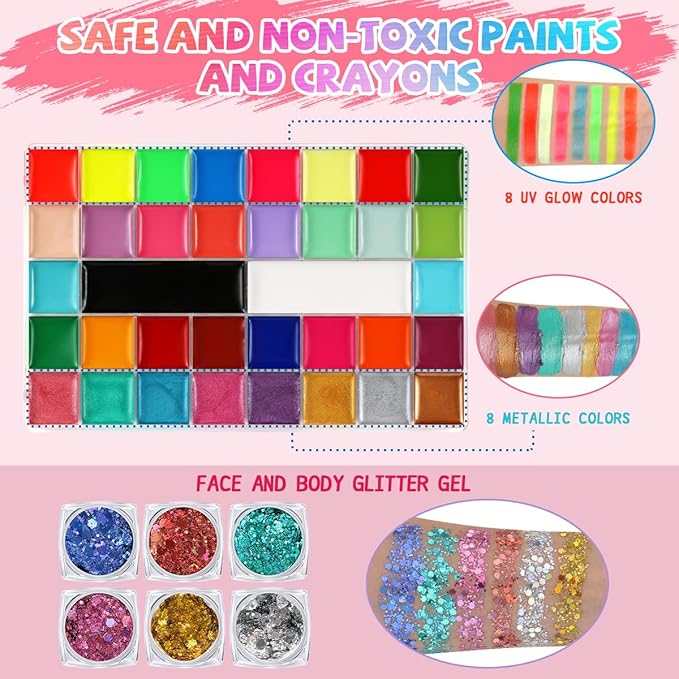 Face Painting Kit Professional Face Body Paint Oil Palette 36 Colors Include 8 UV Glow Colors Brushes Glitter Gel Sponges Facepaint Sticks Gems Stickers For Kids and Adult