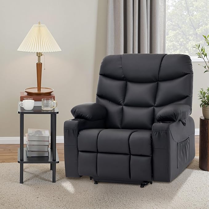 MCombo Oversized Power Lift Recliner Chair with Extended Footrest, Extra Wide 27.2" for Big and Tall Elderly People, Faux Leather R7289 (Black, Medium-Oversize)