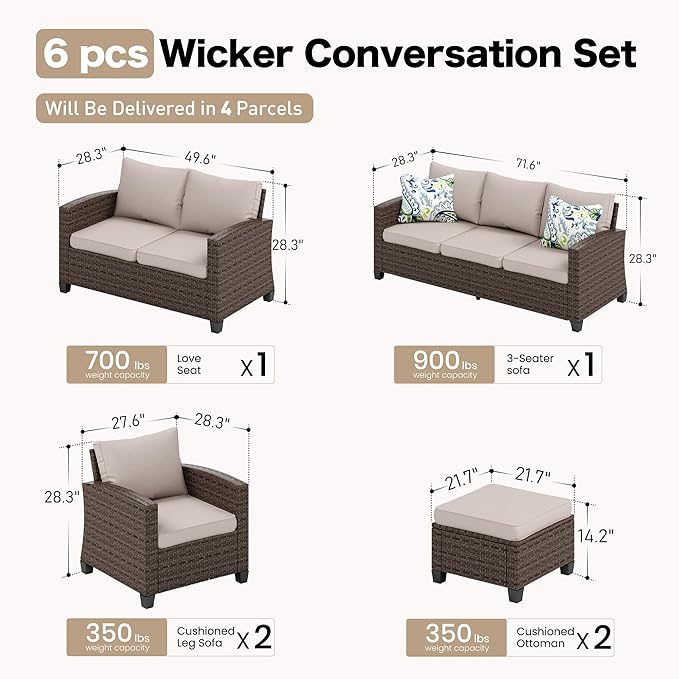 SUNSHINE VALLEY Patio Furniture Set Outdoor Furniture Brown Wicker Rattan Patio Conversation Sets with Cushion Outside Sofa Set,6 Pieces 9 Seats,Beige