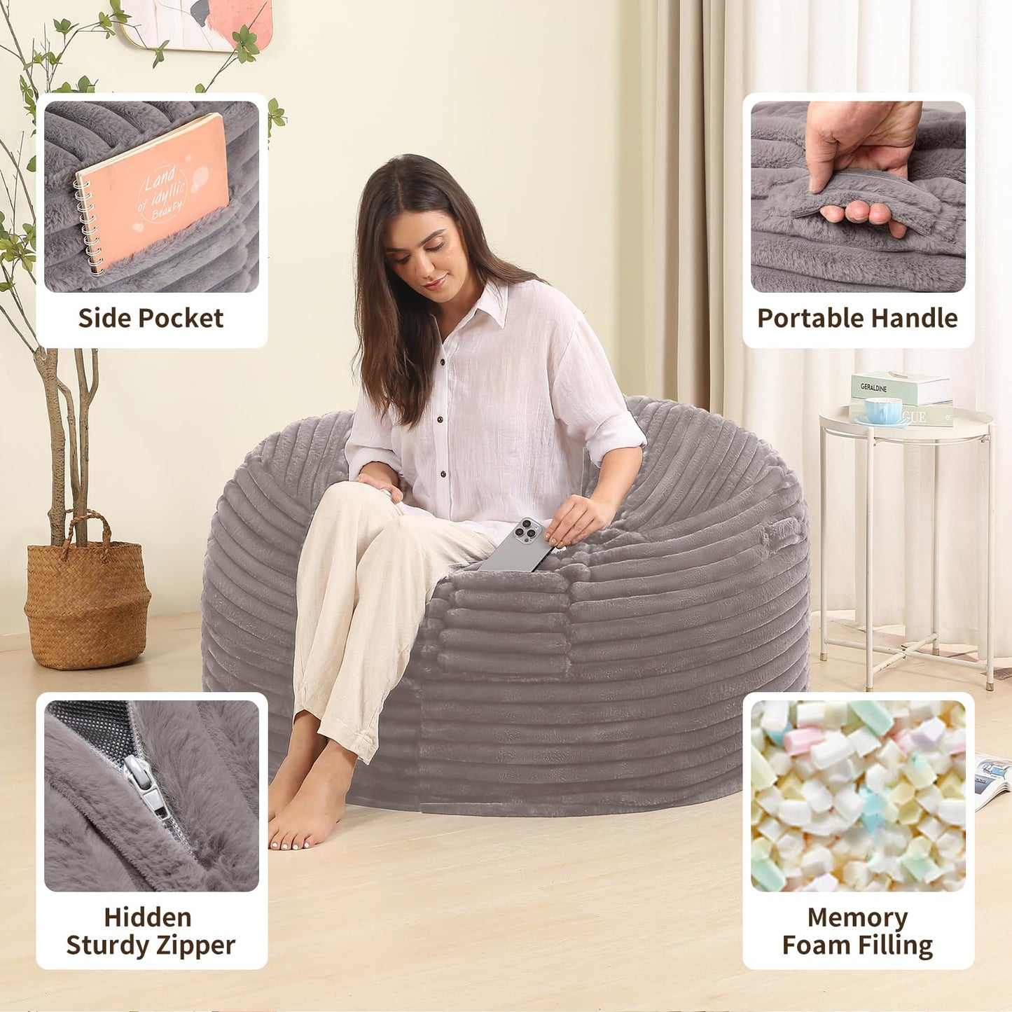 BestRoyal 3FT Memory Foam Bean Bag Chair for Adults/Teens, Bean Bag Sofa with Fluffy Removable Cover, for Living Room Bedroom, Grey