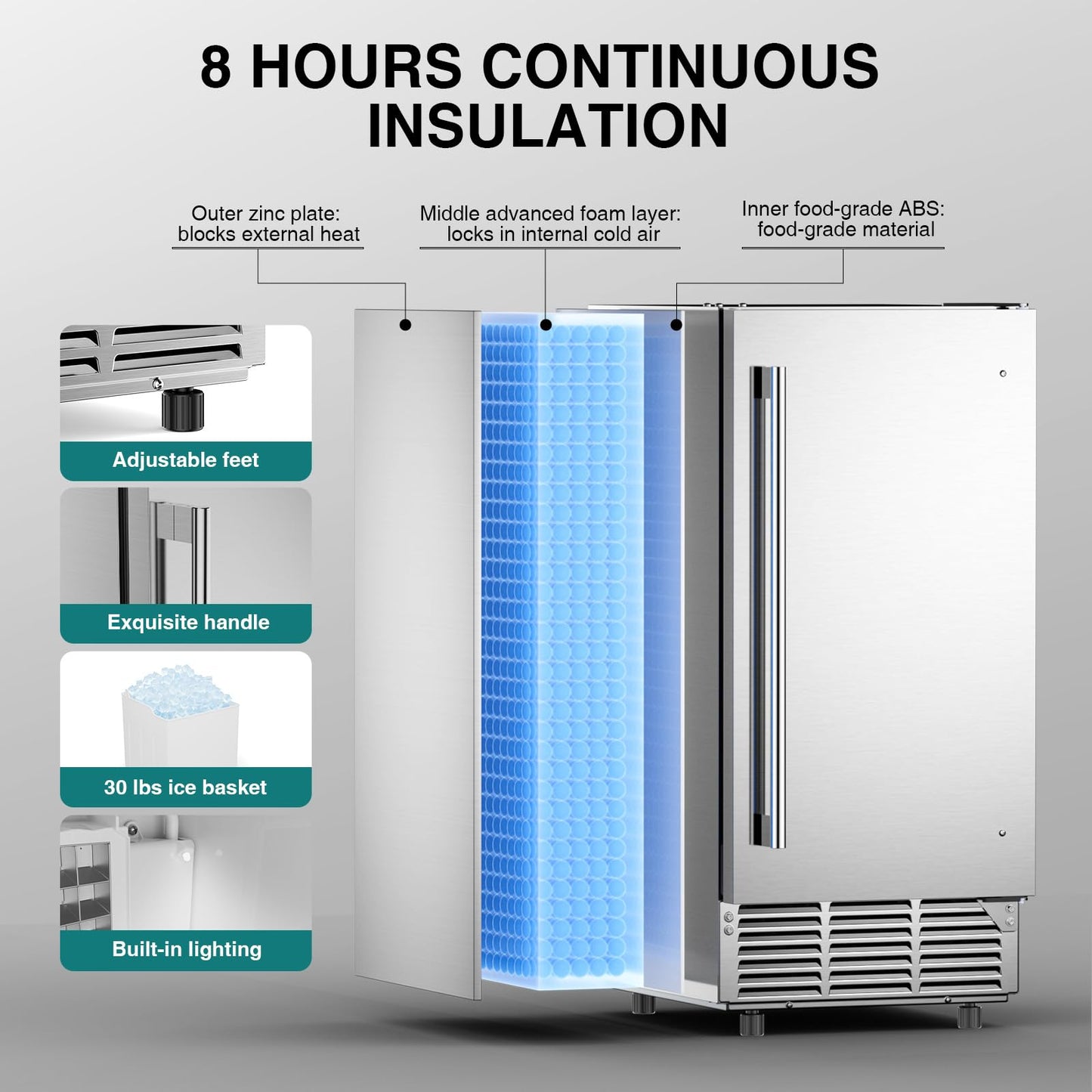 15" W Commercial Under Counter Ice Maker Machine，85 Lbs/Day with 30 LBS Storage Bin，Bulit-in Freestanding Ice Maker，Stainless Steel Under Cabinet Ice Machine，Self Cleaning，Thicknesses Adjustable