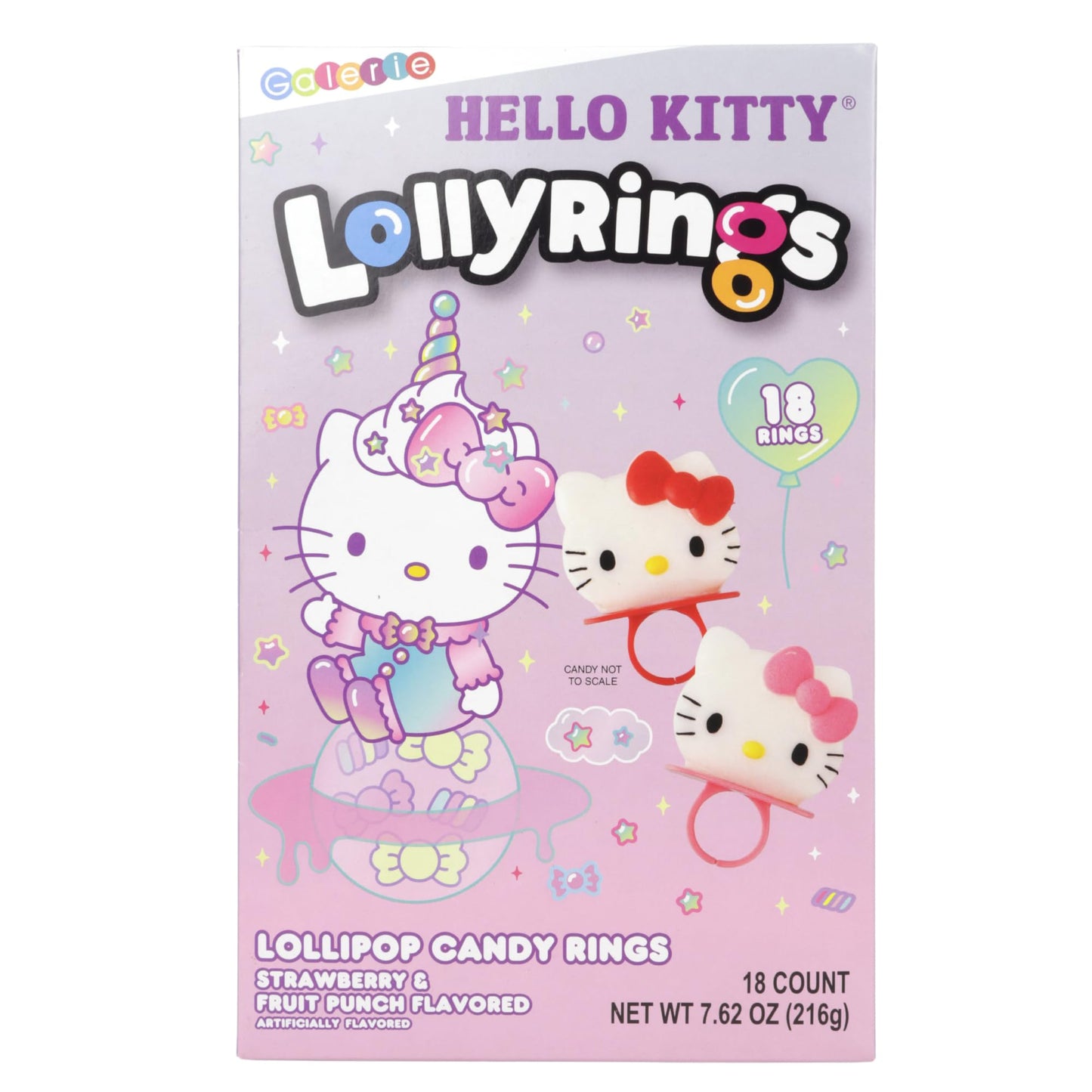 Galerie Hello Kitty Lollipop Rings, Strawberry and Fruit Punch Flavored, Individually Wrapped Candy Basket Fillers Box of 18