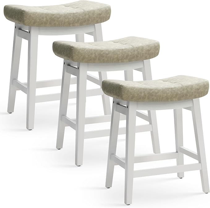 RNKSFX Counter Height Bar Stools Set of 3 for Kitchen Counter Farmhouse Modern Barstools with Faux Leather Upholstered Backless Seat and Solid Wood Legs 24 inch Bar Chairs, Light Grey + White