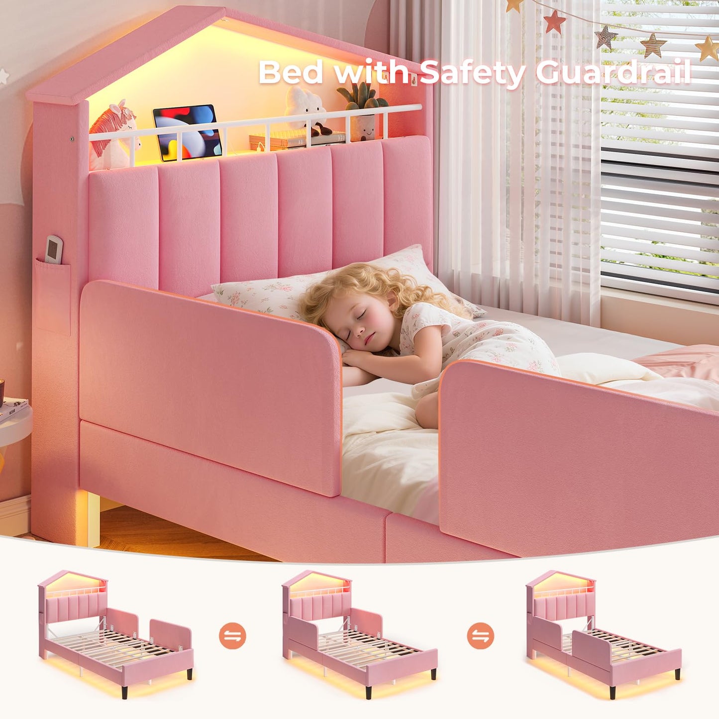 ADORNEVE Twin Size Bed Frame with LED Lights,Velvet Upholstered Platform Bed for Girls,Princess Bed with Safety Guardrail,Headboard with Charging Station & Hidden Storage,No Box Spring Needed,Pink
