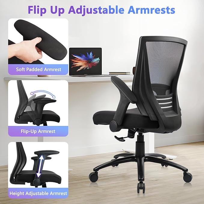 CLATINA Big and Tall Office Chair Heavy Duty Ergonomic Desk Chair 500lbs with Flip-up Arms & Wide Thick Seat Cushion Home Executive Swivel Mesh Chair for Study, Conference, Black (2 PK)