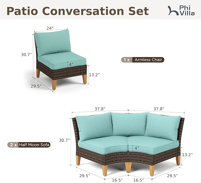 PHI VILLA 3-Piece Half-Moon Patio Furniture Set, Outdoor Curved Sectional Sofa Conversation Set with Cushions, Wicker Modular Couch for Garden, Deck, Backyard, Aqua Blue