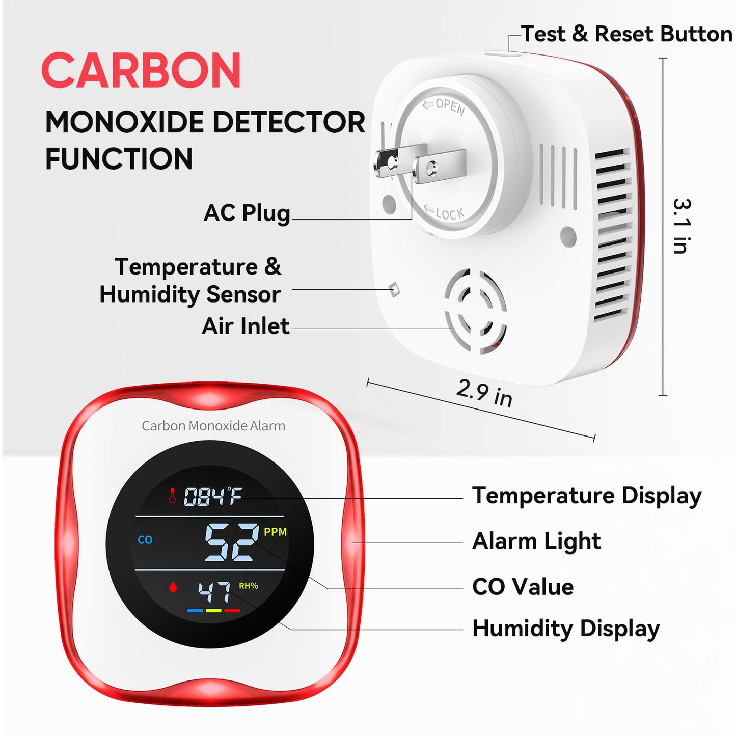 Carbon Monoxide Detectors Plug in, 3-in-1 Portable CO Detector with Temperature & Humidity Display for Home, Hotel, RV & Travel