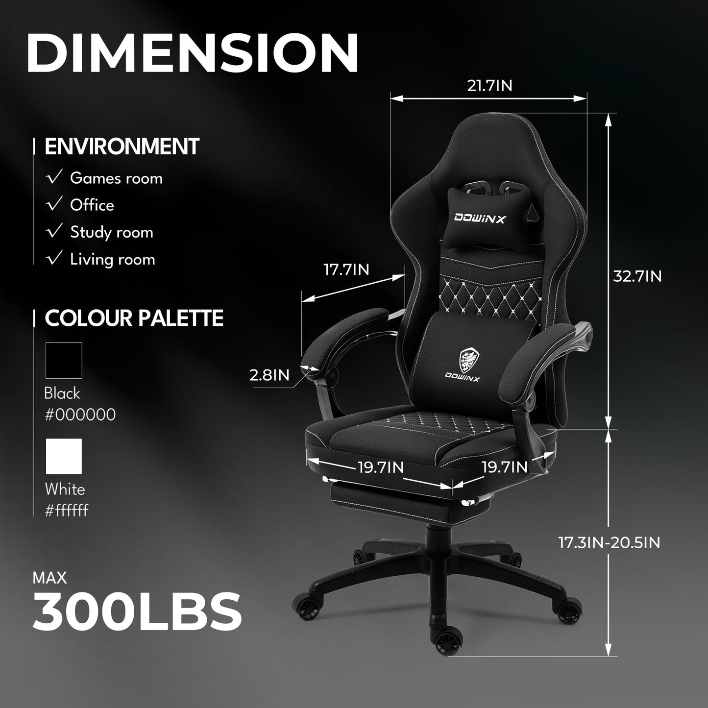 Dowinx Gaming Chair Breathable Fabric Game Chair with Gel Pad and Storage Bag, Comfortable Gamer Chair with Pocket Spring Cushion, Ergonomic Computer Chair with Footrest, Black