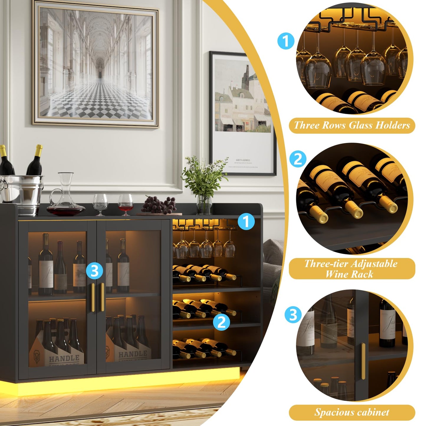 Loomie Wine Bar Cabinet with LED Lights, Floating Coffee Bar with Glass Rack and Removable Wine Racks, Modern Buffet Sideboard with Storage Shelves, Kithchen Bar with Glass Cabinet Doors, Black
