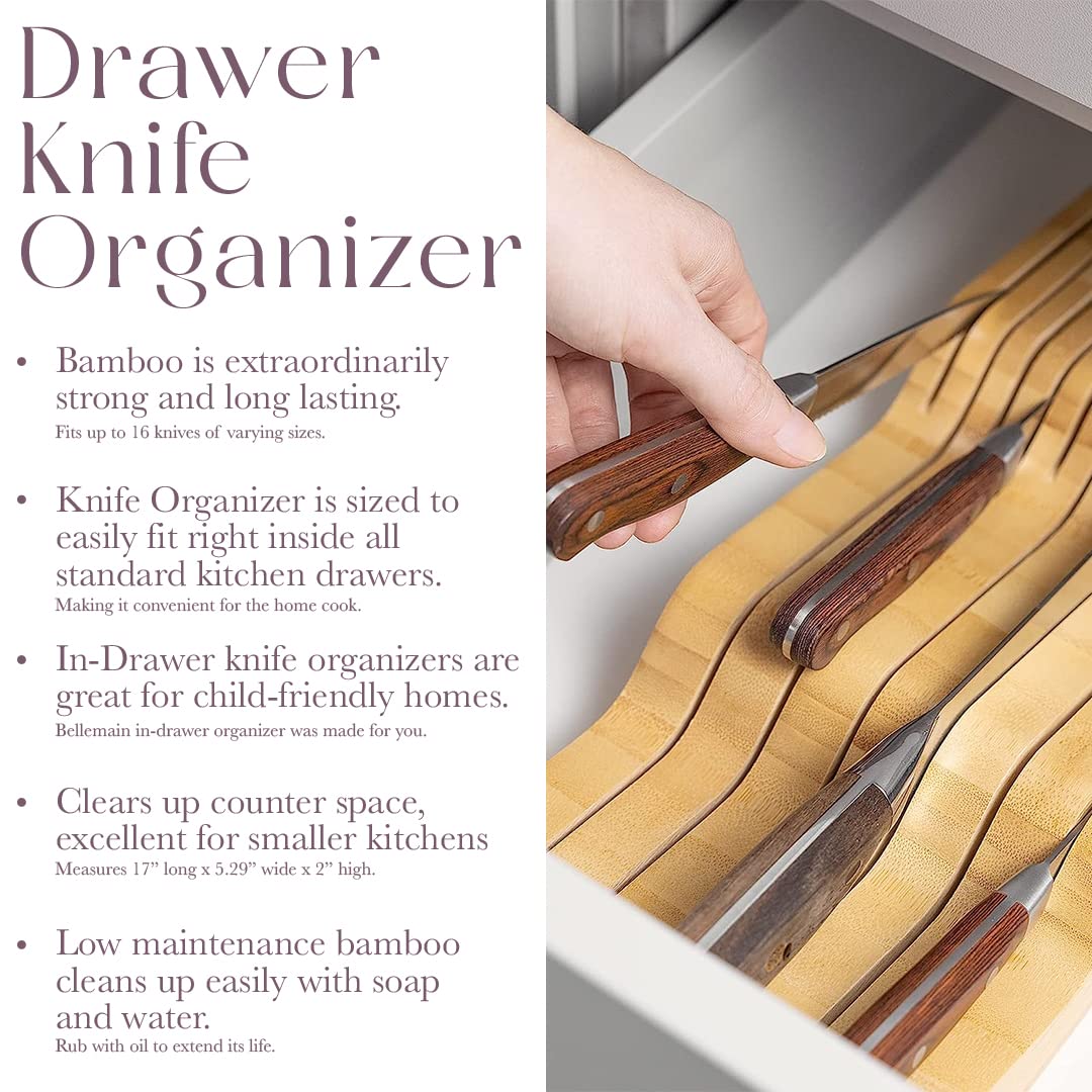 Bellemain 100% Pure Bamboo in Drawer Knife Block | 16 Knife Slots Knife Drawer Organizer | Store Knives Safely with The Blades Down | Storage Solution for Your Kitchen | Knife Organizer Drawer Insert