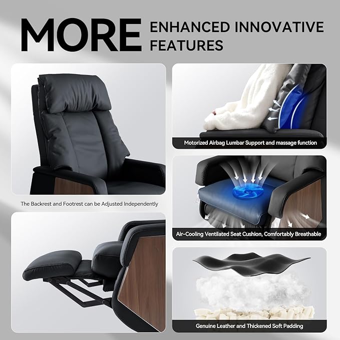 EMIAH Ergonomic Executive Office Chair with Footrest Electric Reclining Big and Tall Office Chair with Massage and Adjustable Lumbar Sopport Comfortable Desk Chair, Genuine Leather (Black)