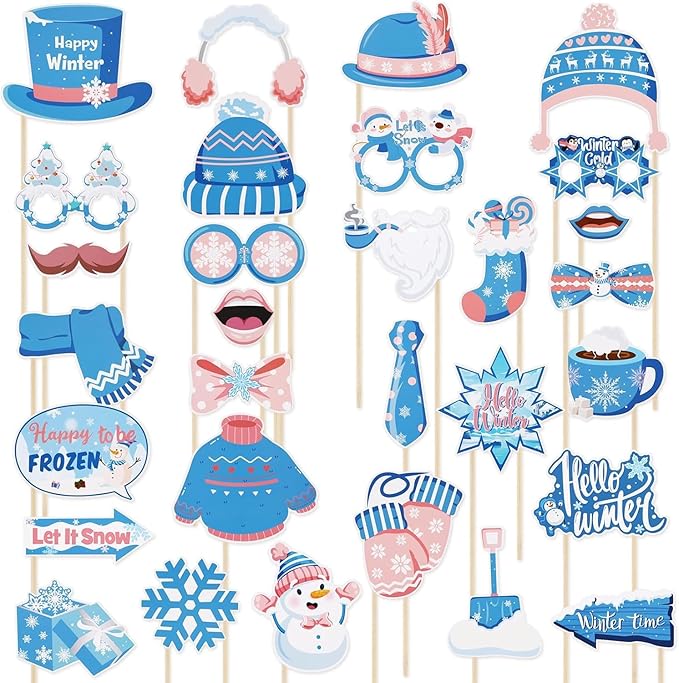 30PCS Snowflake Photo Booth Props - Snowflake Games for Party Supplies, Winter Photo Booth Props, Holiday and Winter Wonde...