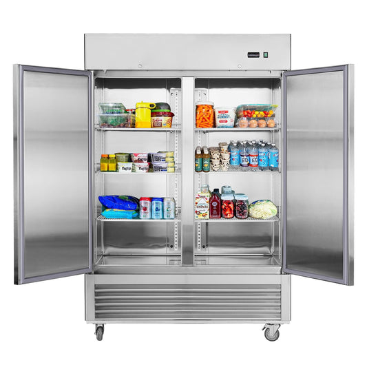 Commercial Refrigerator 54"W 2 Section 2 Solid Door Stainless Steel Interior and Exterior Construction Upright Fan Cooling