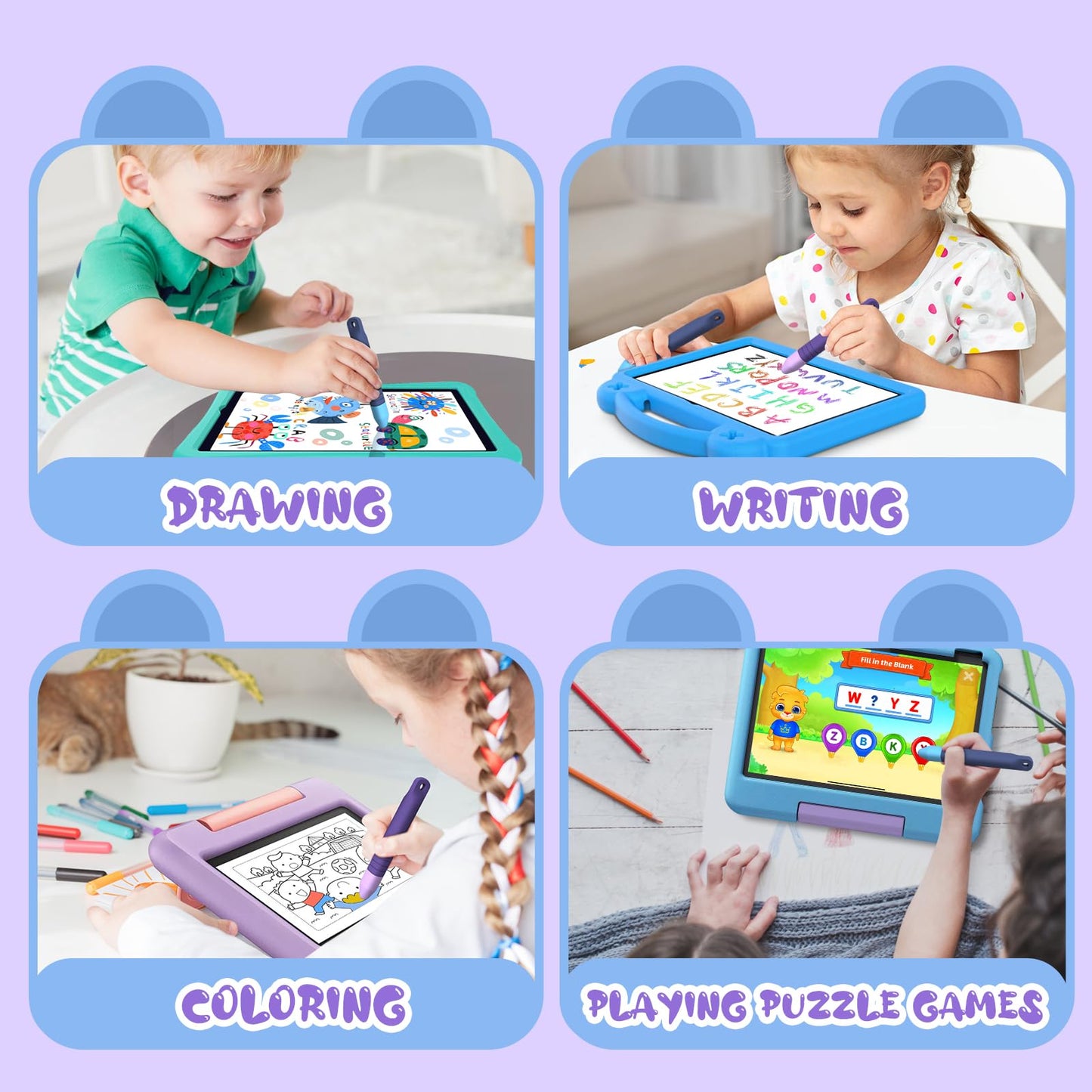 Kid-Friendly Stylus Pens for Touch Screens with Tethers - Mixoo Anti-Rolling Tablet Stylus 2 Pack for Kids, Compatible with iPad, iPhone, Tablets, Kindle and All Touch Screen Devices (Blue+Purple)