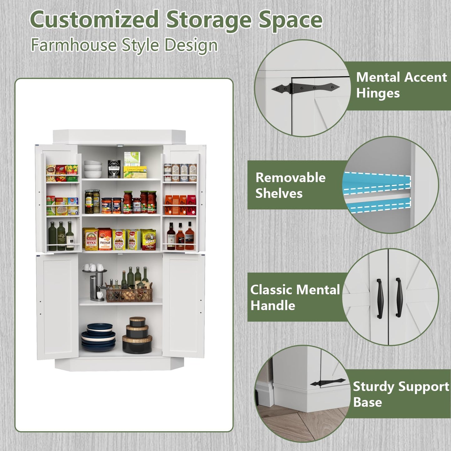 Gyfimoie Corner Cabinet,Kitchen Pantry Storage Cabinets,Freestanding Corner Pantry Cabinet with 4 Doors and Shelves,Tall Food Pantry Farmhouse Furniture with Side Rack for Kitchen Dining Room (White)