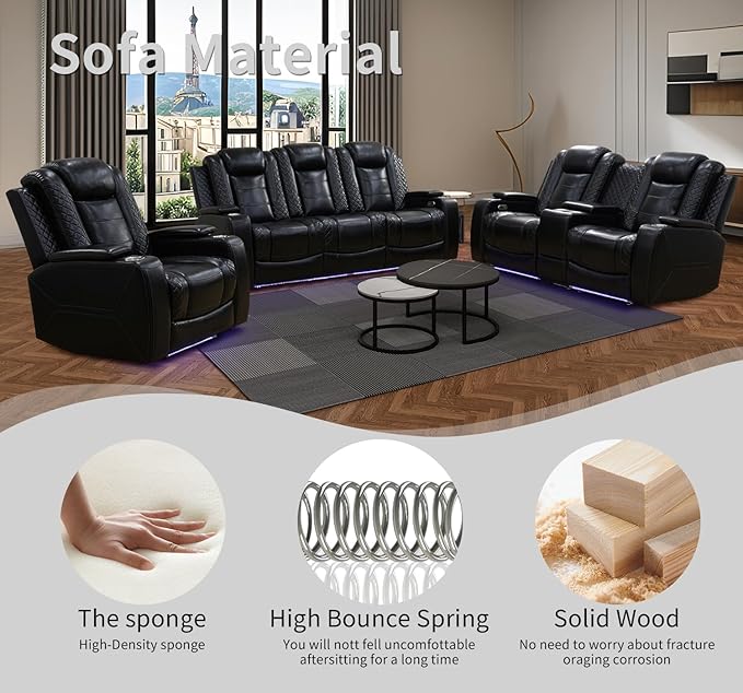 Caberryne Power Recliner Sofa Set with LED Lights,Leather Reclining Couch with Coffee Table/Storage Console/Cup Holder,Reclining Living Room Set with 5 Recliner Seats for House(3 Piece Set,Black)