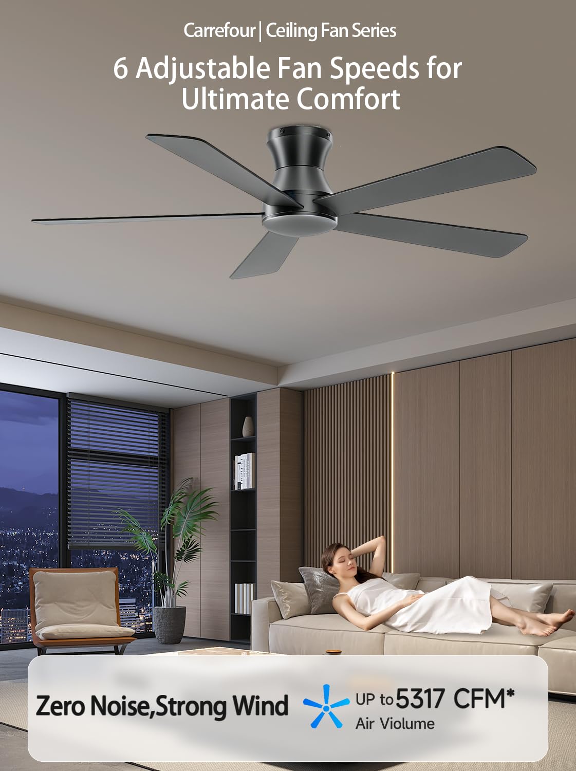 Carrefour 48 Inch Ceiling Fan No Light, Black Low Profile Flush Mount Ceiling Fan Without Light, 6-Speed Reversible, Remote & App Control, Covered Outdoor Ceiling Fans for Patio Living Room Bedroom