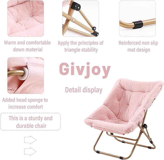 Givjoy Comfy Folded Chair, Soft Faux Fur Oversized Folding Chair, Flexible Lounge Lazy Chair for Kids Girls Teens Adults, Moon Chair for Dorm Rooms, Bedroom, Living Room
