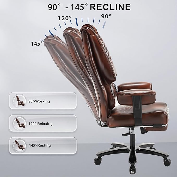 500lb Office Chair, Big and Tall Reclining Office Chair with Footrest, Leather Executive Computer Chair with Wide Seat Recliner Home Desk Chairs with Wheels & Lumbar Support for Heavy People,Brown