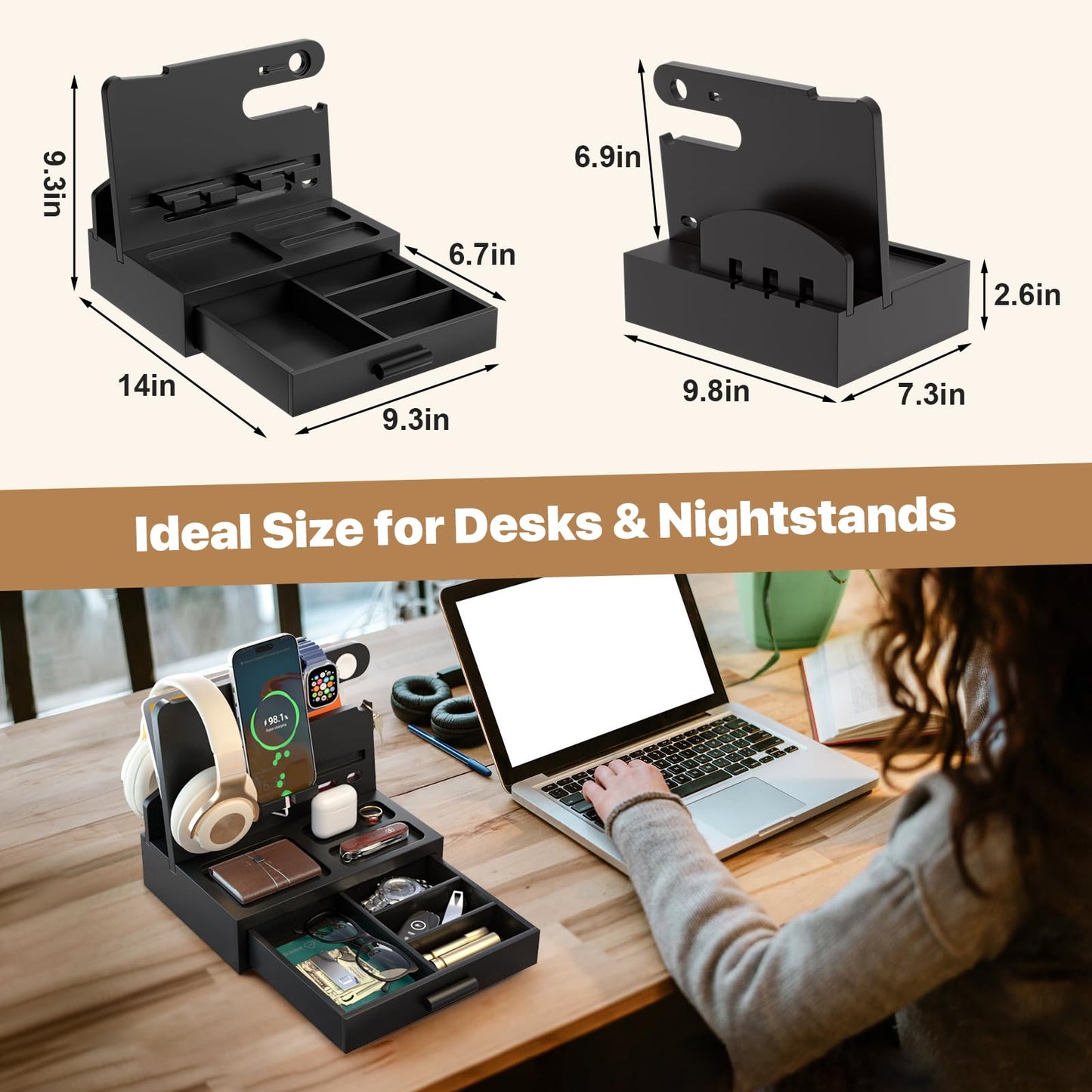 Vdamu Phone Docking Station for Men - Desk or Nightstand Organizer with Drawer - Birthday Gifts for Husband, Dad, Boyfriend,Him - Wooden Charging Station for Phone Watch Key Holder Wallet (Black)