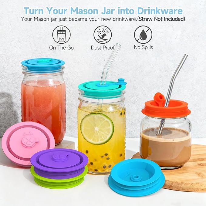 SOPHICO Silicone Replacement Lids Fit Ball, Kerr Regular & Wide Mouth, Mason Jar Covers with Straw Hole & Stopper Plug, Dual-sided Design, Airtight Seal - Straw & Glass Not Included (Mix1, 6 Pack)