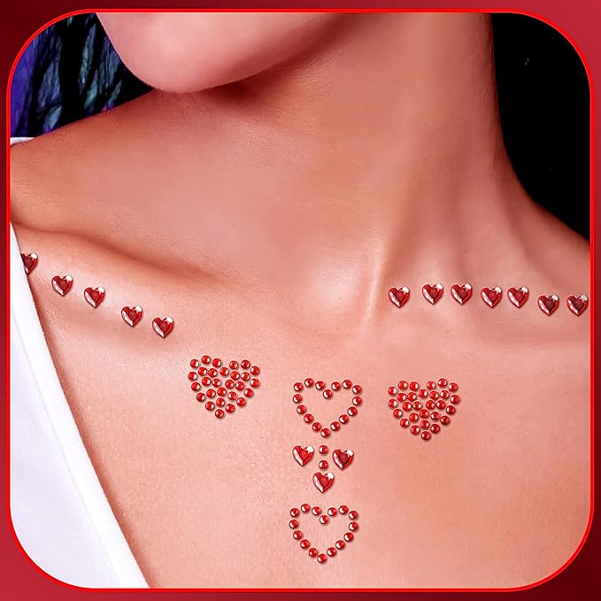 3 Sheets Rhinestone Sticker Self Adhesive Rhinestones Gems for Face Eyes Makeup Hair Body Stick on Rhinestones Stickers for Valentine Festival Decal Decor(Red)