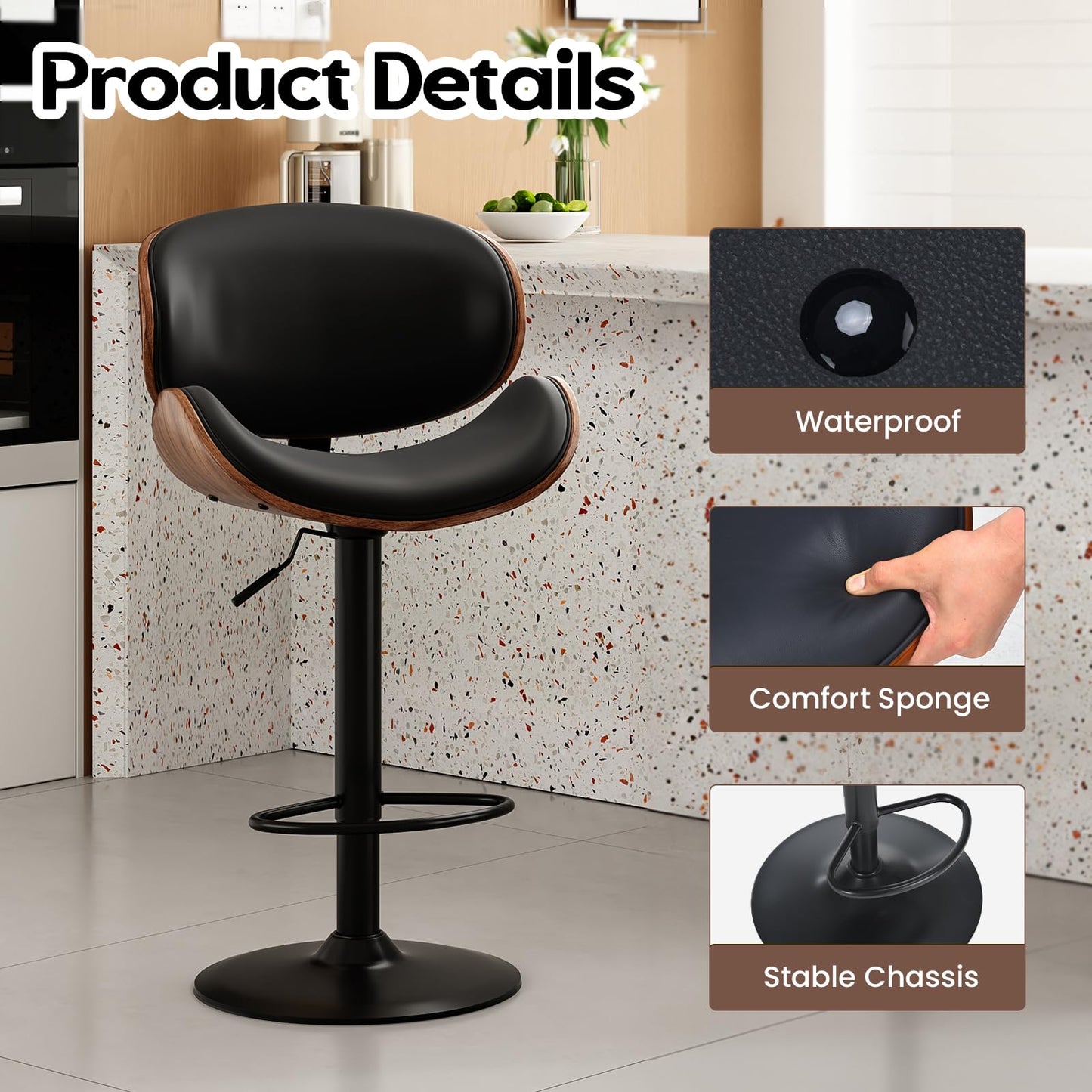Farini Swivel Bar Stools Set of 2 Adjustable Height Bentwood Barstools with PU Leather Upholstered Seat, Backrest and Footrest,Modern Kitchen Counter Chairs for Bar, Dining Room,Black