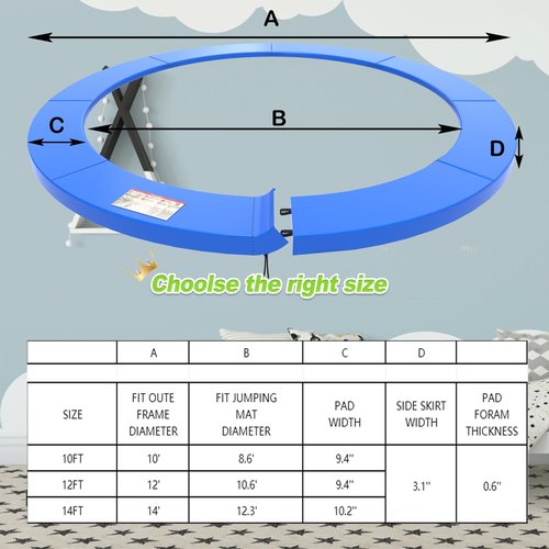 Deomod Trampoline Pad, 10FT 12FT 14FT Trampoline Replacement Safety Pad, Universal Trampoline Pads, Spring Cover, Waterproof, Tear Resistant, Round Arch Trampoline Accessories for Kids Adults, Blue
