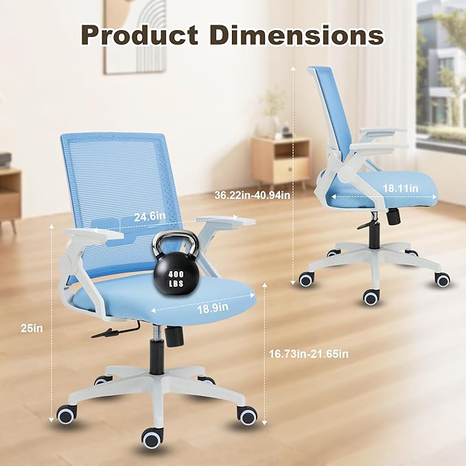 Msdizuo Ergonomic Office Chair Desk Chair with Adjustable Height Mesh Computer Chair Swivel Chair with Flip-up Arms and Lumbar Support Blue