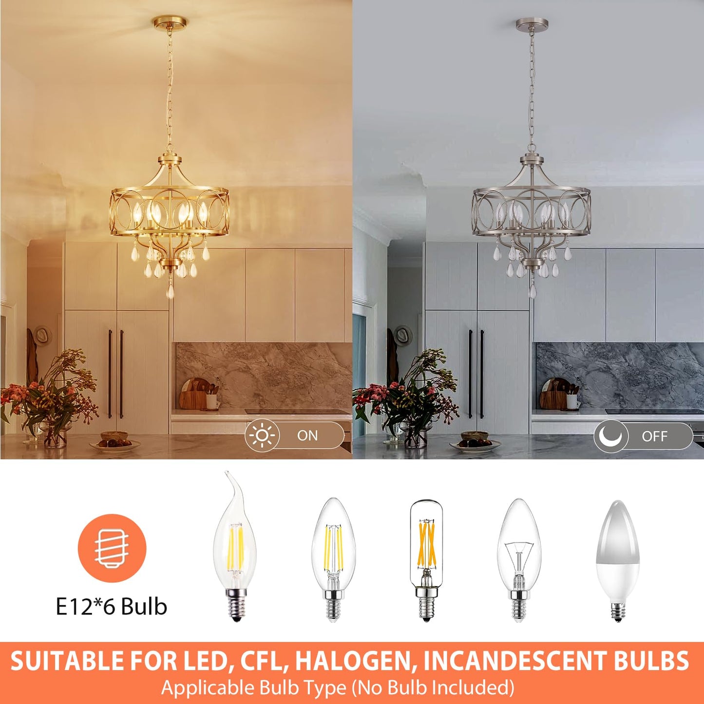 Majhoiw Crystal Chandeliers for Dining Room,17.7" Brushed Nickel 6 Lights Hanging Pendant Lighting Fixture Metal Farmhouse Chandelier for Kitchen Island Entryway Living Room