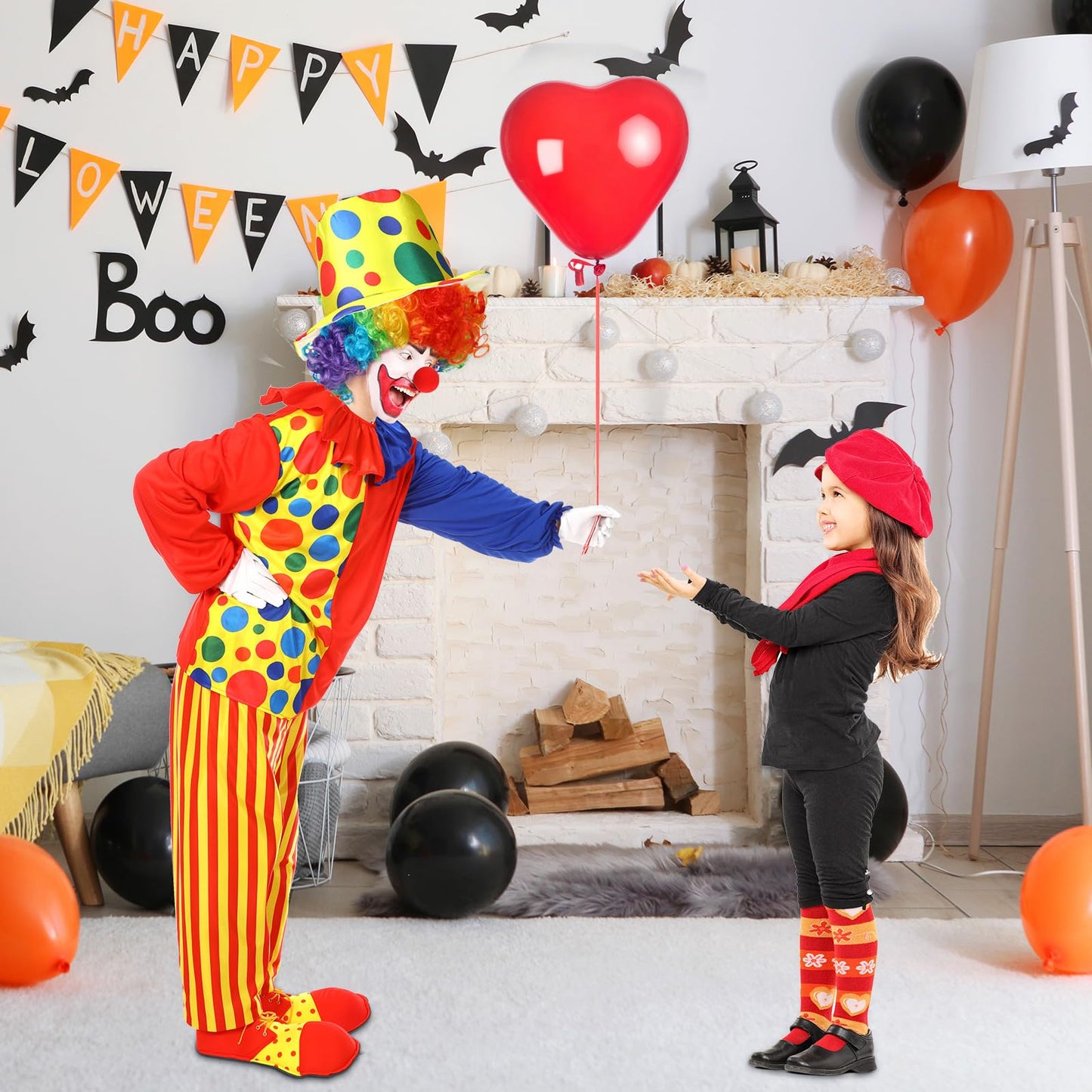Funtery 7 Pcs Clown Costumes Set Includes Shoes, Nose, Hat, Wig, Gloves for Adults Halloween Clown Costumes
