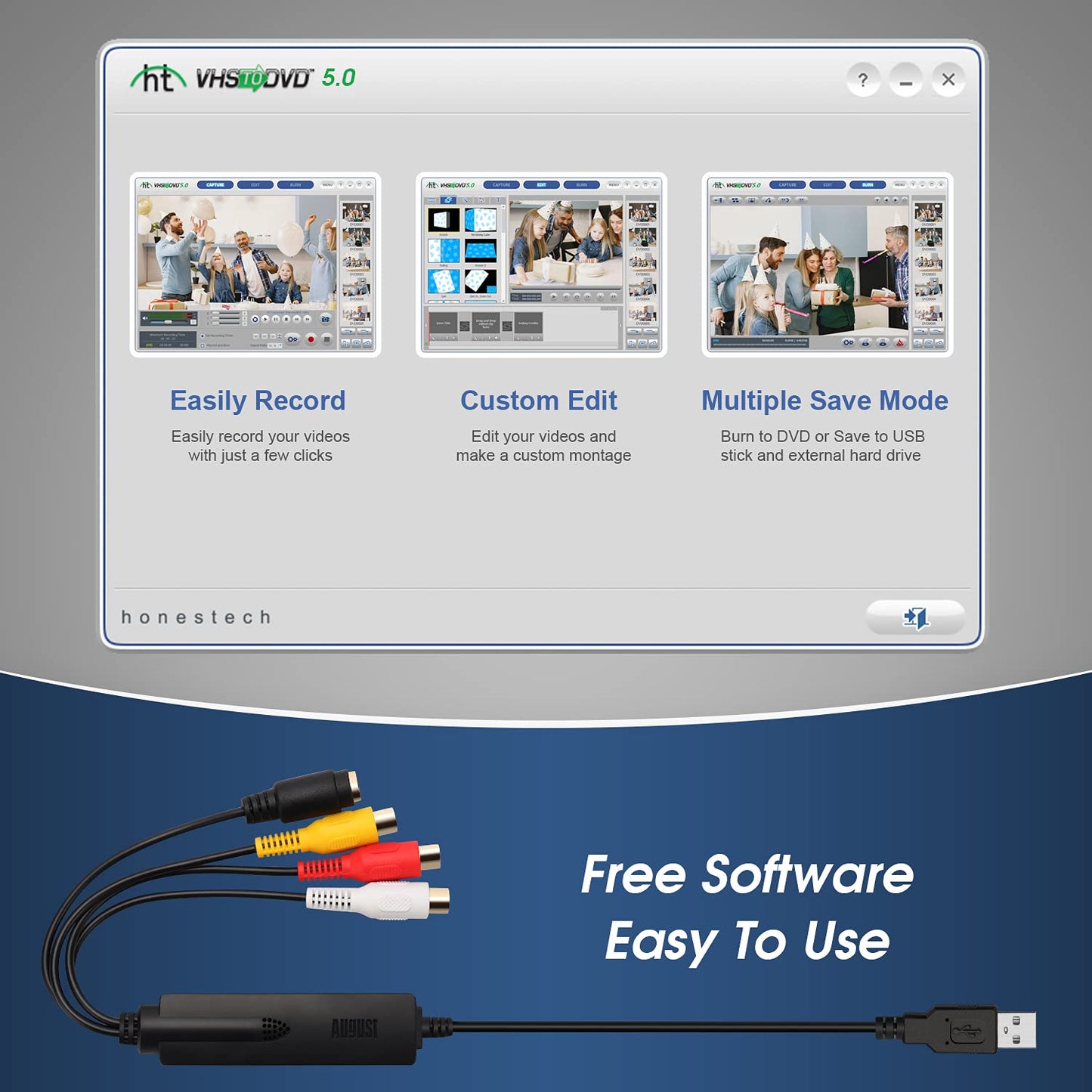Usb Video Capture Card Grabber - August Vgb350 - Transfer Vhs Mini Dv Hi8 Dvd To Computer For Windows 11,10,8,7, Composite S-Vid