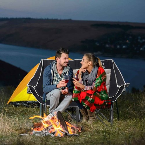 Nice C Loveseat Camping Chair, Double Camping Chair, Outdoor Camping Couch, Oversized Camping Loveseat, Padded Folding Chair for Adults, with Cooler Bag, Wine Glass Holder (Black&Grey)