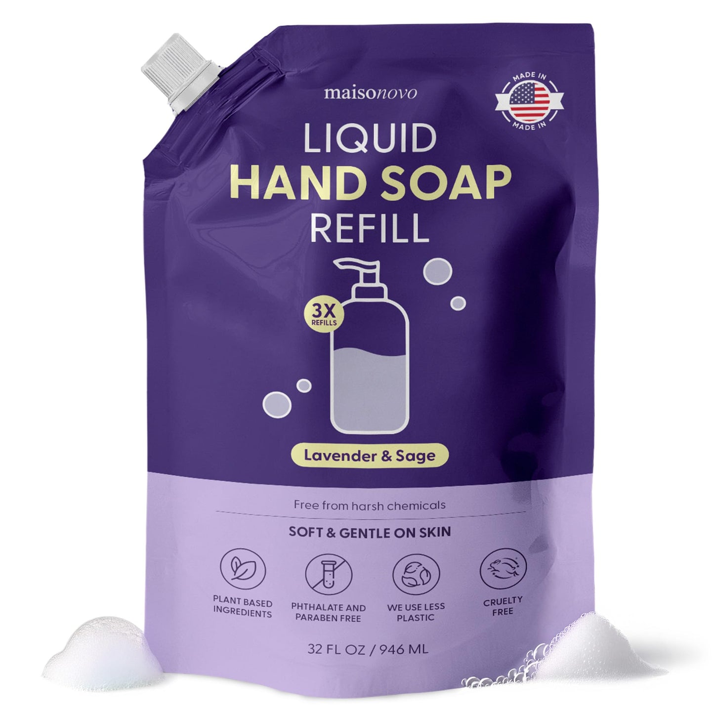 MAISONOVO Hand Soap Refills - Natural Hand Soap Refill Made in USA - Gentle Non Toxic Liquid Soap Good for All Skin Types - Unsc
