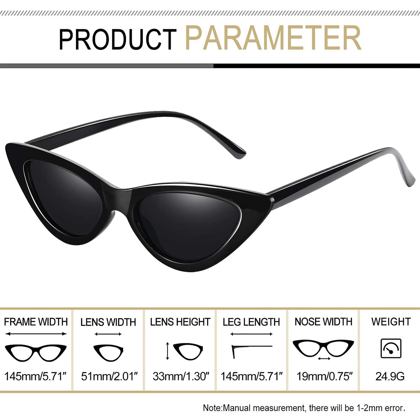 Joopin Polarized Black Cat Eye Sunglasses for Women, Retro Narrow Pointy Cateye Womens Sun Glasses UV Protection, Designer Dark Shades