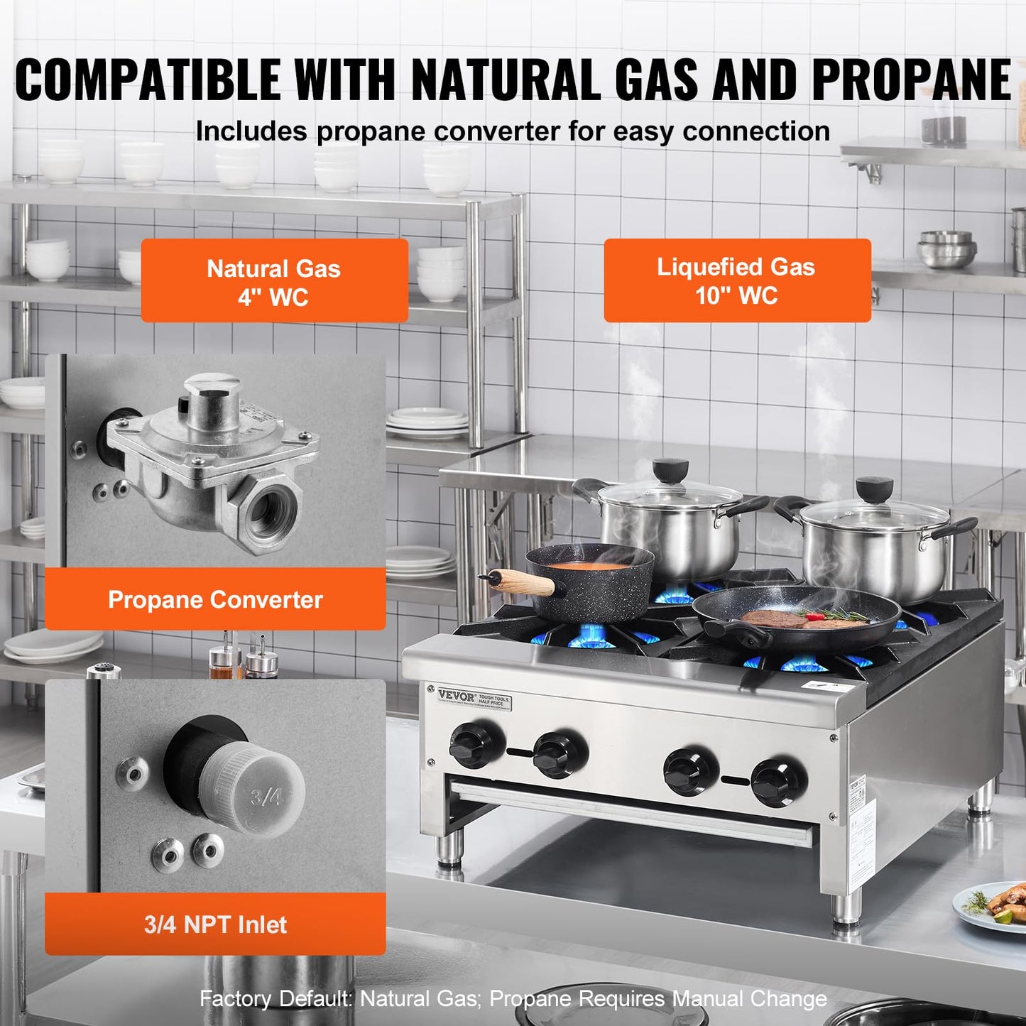 VEVOR Commercial Gas Stove with 4 Burners, Propane and Natural Gas Countertop Cooking Stove Range, Stainless Steel Gas Hot Plate, Commercial Cooking Equipment for Restaurant, 112,000 BTU