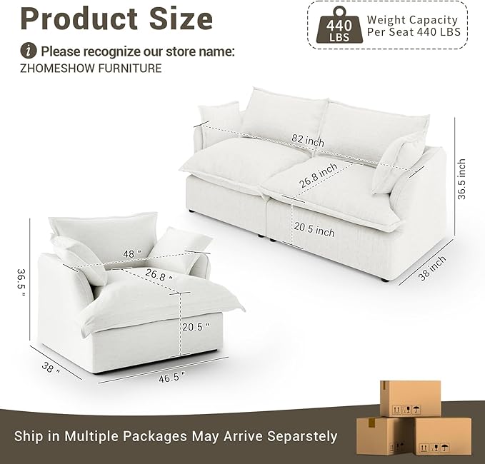 Lopzeho 82” Modular Sectional Sofa, Comfy Down Fill Cloud Couch, Loveseat with Single Seater, Small Couch with Washable Cover, Sectional Couches for Living Room Small Apartments, Cream White