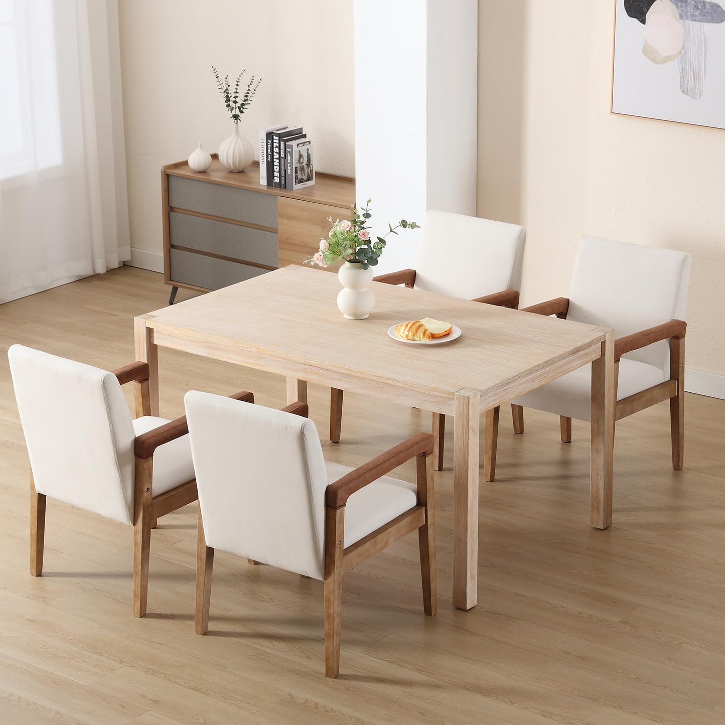Kmax Modern Dining Chairs Set of 2 Linen Fabric Kitchen Arm Chairs Upholstered Accent Chairs with Wooden Legs for Dining Room, Living Room, Bedroom, White
